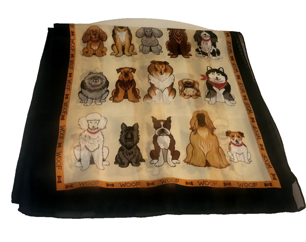 Vintage Purebred Dog Scarf with Woof Comment Border - 13 x 58" Long Black Multi
